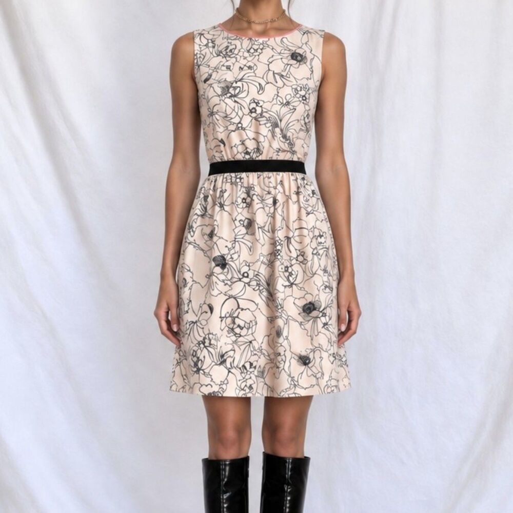 Vintage Y2K 90s Cream Black Floral Print Sleeveless Knee Length Dress Size S